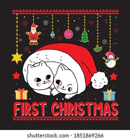 Christmas graphic prints set, t shirt designs for ugly sweater x mas party. Holiday décor with x mas tree, Santa, gingerbread texts and ornaments. Stock vector background.
