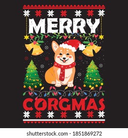 Christmas graphic prints set, t shirt designs for ugly sweater x mas party. Holiday décor with x mas tree, Santa, gingerbread texts and ornaments. Stock vector background.
