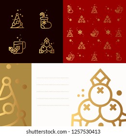 Christmas graphic set: icons, pattern, banner and greeting card.
