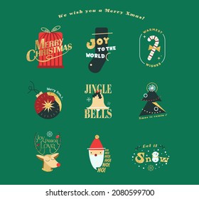 Christmas graphic typography set with gold effect. merry xmas greetings with ornaments collection.  Lettering Design Set. Graphic of snowman, santa claus, gift, socks, gift, deer, xmas tree.