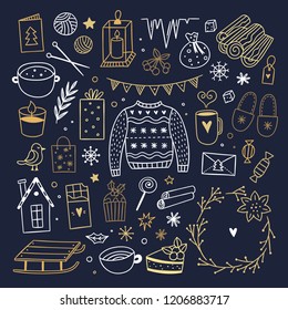 Christmas graphics on dark background. Winter style golden illustrations. Cute hygge doodles: sweater, sweets, candles and wreaths