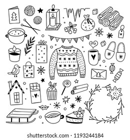 Christmas graphics on white background. Winter style illustrations. Cute hygge doodles: sweater, sweets, candles and wreaths