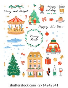 Christmas graphics on white background. Cute hand drawn winter clipart. Merry Christmas clipart