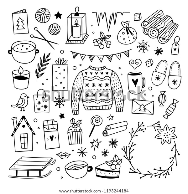 白い背景にクリスマスグラフィック 冬のイラスト かわいいハイゲの落書き セーター スイーツ キャンドル リース のベクター画像素材 ロイヤリティフリー