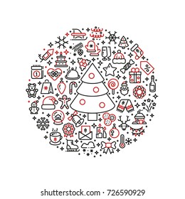 Christmas graphics. Xmas line art icons arranged in ball. Xmas holiday and new year, snowman and gift box. Vector illustration