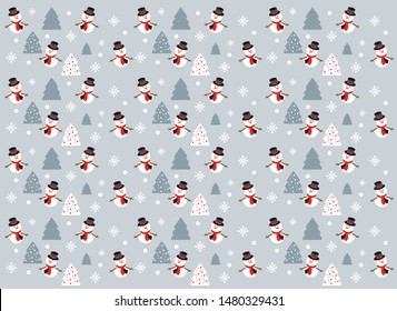 Christmas gray background with abstract Christmas trees, snowman and snowflakes