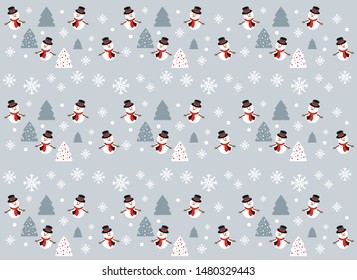 Christmas gray background with abstract Christmas trees, snowman and snowflakes