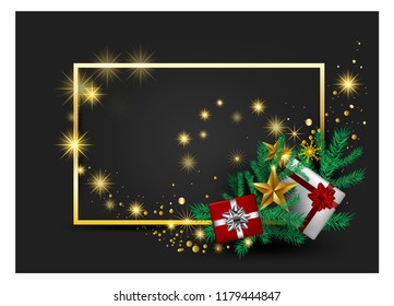 Christmas gray background card,greeting cardsred and ornaments in red gold ribbons with the golden star and gift boxes Vector with Christmas tree Happy New Year For Wishing vector