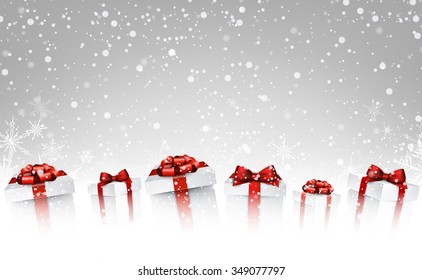 Christmas gray background with gifts and snowflakes. Vector illustration.