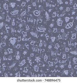 Christmas gray background with snowflakes, stars, branches, tree, santa, gifts and lettering Happy New Year. Seamless pattern. Christmas holiday design, decor. Vector illustration.