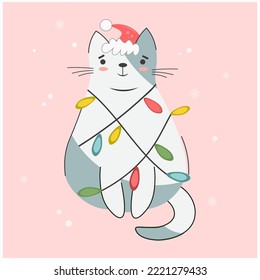 Christmas gray cat with garland and Santa hat. Vector children's illustration in a flat style. Cute pet. on a pink background.