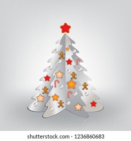 Christmas gray greeting with white tree and decorations