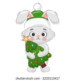 Weihnachtsgraues Kaninchen mit einem Weihnachtsbaum in den Händen
