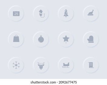 christmas gray vector icons on round rubber buttons. christmas icon set for web, mobile apps, ui design and promo business polygraphy