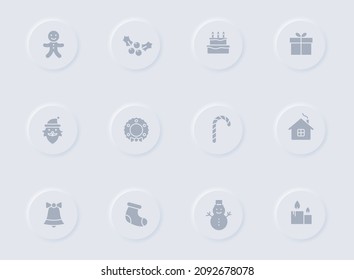 christmas gray vector icons on round rubber buttons. christmas icon set for web, mobile apps, ui design and promo business polygraphy