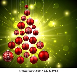 Christmas green background with balls. Vector Illustration.