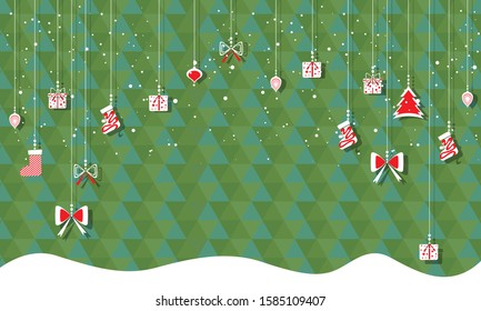 Christmas green background with Christmas decorations. Vector illustration.