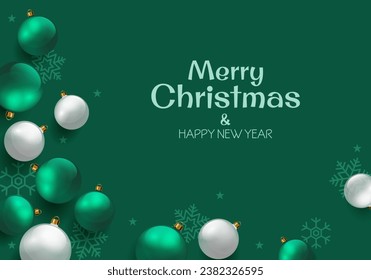 Christmas green background with decorative green and white balls and congratulation sign
