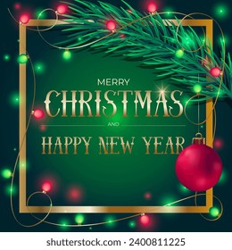 Christmas green background with design elements. Happy new year and Merry Christmas festive design. Festive Xmas composition, glowing garland decorations, green tree branch and Xmas tree ball. Greetin