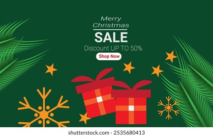 Navidades de fondo verde con Elementos de diseño de campanas, regalos, dulces, árbol, con 50% de descuento. Ideal para tarjetas de felicitación, promociones de temporada y Navidades decoraciones temáticas