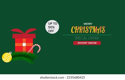 Christmas green background with design elements of bells, gifts, sweets, with 50% discount. Great for greeting cards, seasonal promotions and Christmas themed decorations