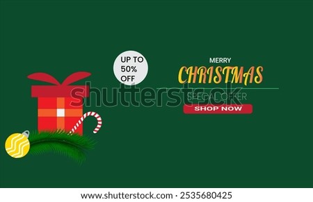 Christmas green background with design elements of bells, gifts, sweets, with 50% discount. Great for greeting cards, seasonal promotions and Christmas themed decorations