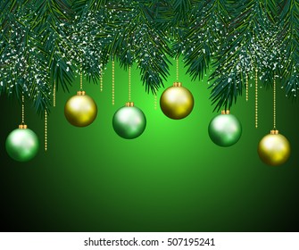 Christmas green background with fir branches and balls. Vector illustration