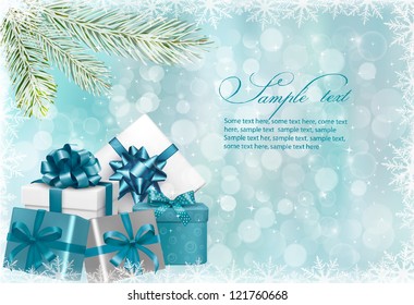 Christmas green background with gift boxes and snowflake. Vector illustration.