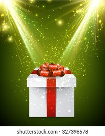 Christmas green background with gift. Vector paper Illustration.