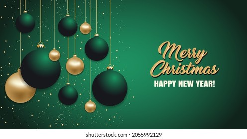 Christmas green background with Christmas golden balls. Happy New Year decoration bables. Elegant Xmas banner or poster. Vector illustration.
