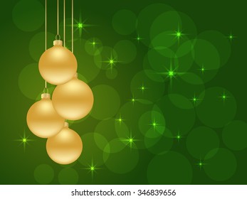 christmas green background with golden balls hanging and stars. vector illustration