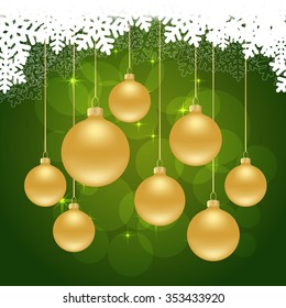 christmas green background with golden balls. vector illustration