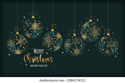 Christmas green background with golden snowflakes and balls. Merry christmas greeting card. Holiday Xmas and New Year poster, web banner.