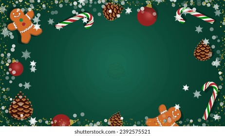 Christmas green background gradient red bauble ball stripped candy cane sweets fir pine cones spiced gingerbread man biscuit cookie vector illustration bokeh light snowflakes yellow stars glitter   