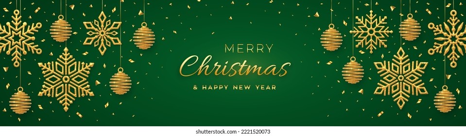 Christmas green background with hanging shining golden snowflakes and balls. Merry christmas greeting card. Holiday Xmas and New Year poster, web banner. Vector Illustration.