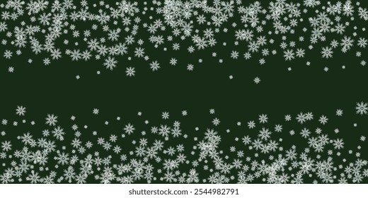 Christmas green background with hanging shining golden snowflakes and balls.  Merry christmas greeting card. 