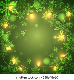 Christmas green  background with light garlands and snowflakes, vector EPS 10