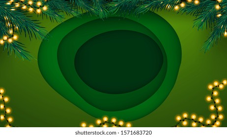 Christmas green background in paper cut style with big hole in the middle