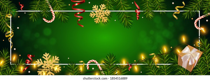 Christmas green background with realistic pine branches, shining garlands, gifts box, candy, glitter gold snowflake, tinsel. Template for Christmas and New Year greeting card, poster, postcard, banner