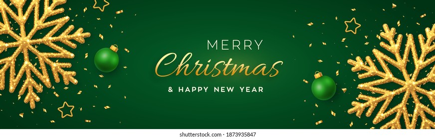 Christmas green background with shining golden snowflakes, gold stars and balls. Merry christmas greeting card. Xmas background, horizontal poster, banner, header website. Vector Illustration.