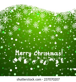 Christmas green background with snow and snowflakes