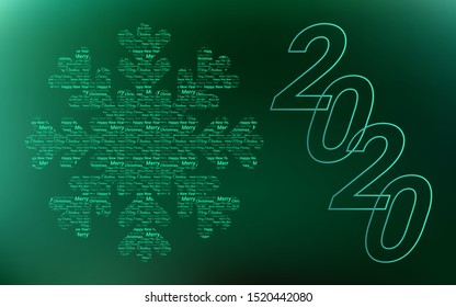 Christmas green background with snowflake made of font texture and number 2020. Editable vector illustration  