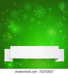 Christmas green background with snowflakes and White sheets of paper. Vector illustration