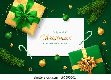 Christmas green background with square paper banner, realistic gift boxes with green and golden bows, pine branches, gold stars and confetti, balls bauble. Xmas background, greeting cards. Vector.