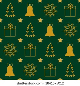 Christmas green background. The texture of the winter season symbols of the Christmas tree, gift, bell, stars and snowflakes. Traditional Christmas attributes. Vector illustration