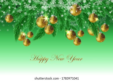 
Christmas green background with Christmas tree branches, golden balls and falling snowflakes. Winter christmas holiday poster design