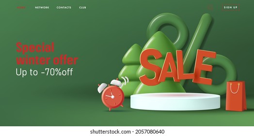 Christmas green banner with 3d render composition of podium with volume sale letters, Christmas tree with shopping bag and clock,time for holiday discounts big percent sign