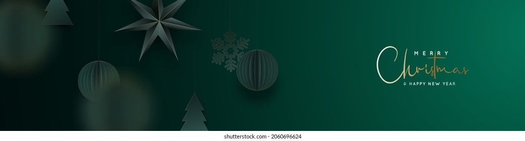 Christmas green banner. Festive background with Green origami paper balls, stars, snowflakes, christmas tree. Xmas balls motion blur effect. New Year vector background, web header, social media banner