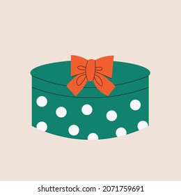 Christmas green box with red bow. Cartoon vector illustration