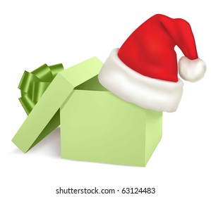 Christmas green box and santa hat. Vector.